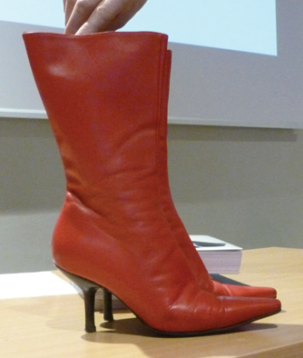 Red boots worn by one of the speakers at the 'Red' Study Day, spring 2013.: Catherine Leonard's talk was 'Red shoes from Hans Christian Anderson to Christian Laboutin'.